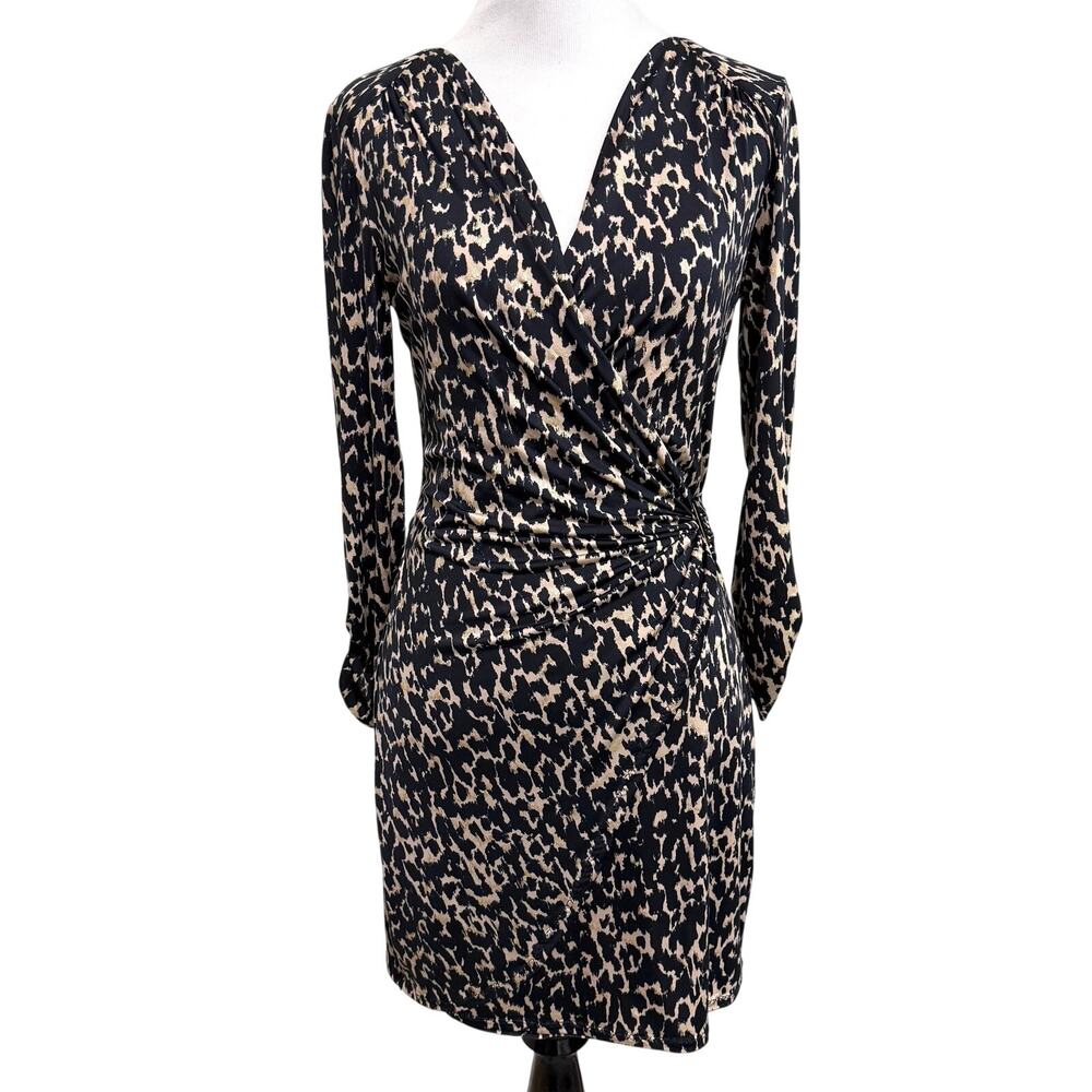 Cache Leopard Print Faux Wrap Mini Dress S Black Gold Stretchy Long Sleeve Sexy